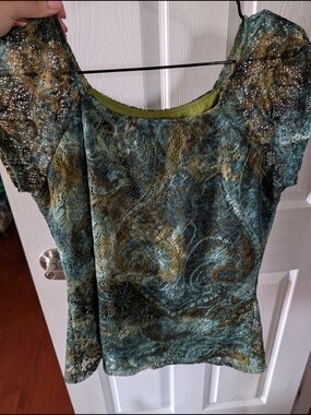 Cleo Women's Olive Green & Teal Lace-Detail Scoop Neck Top
